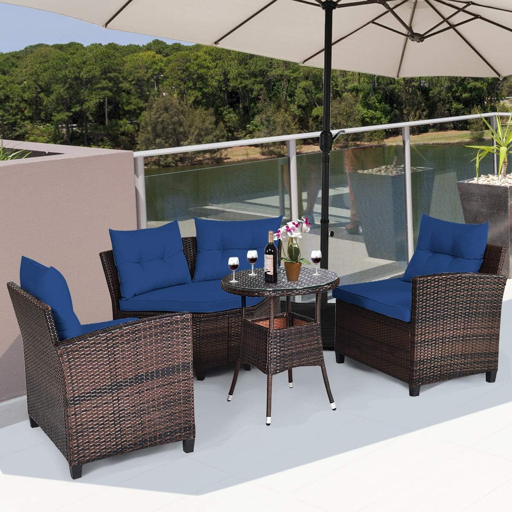 Tangkula 4-Piece C Shape Patio Furniture Set, Outdoor Corner Wicker Rattan Sectional Cushioned Sofa Set, with Glass Coffee Table, for Garden Poolside Balcony (Navy Blue)