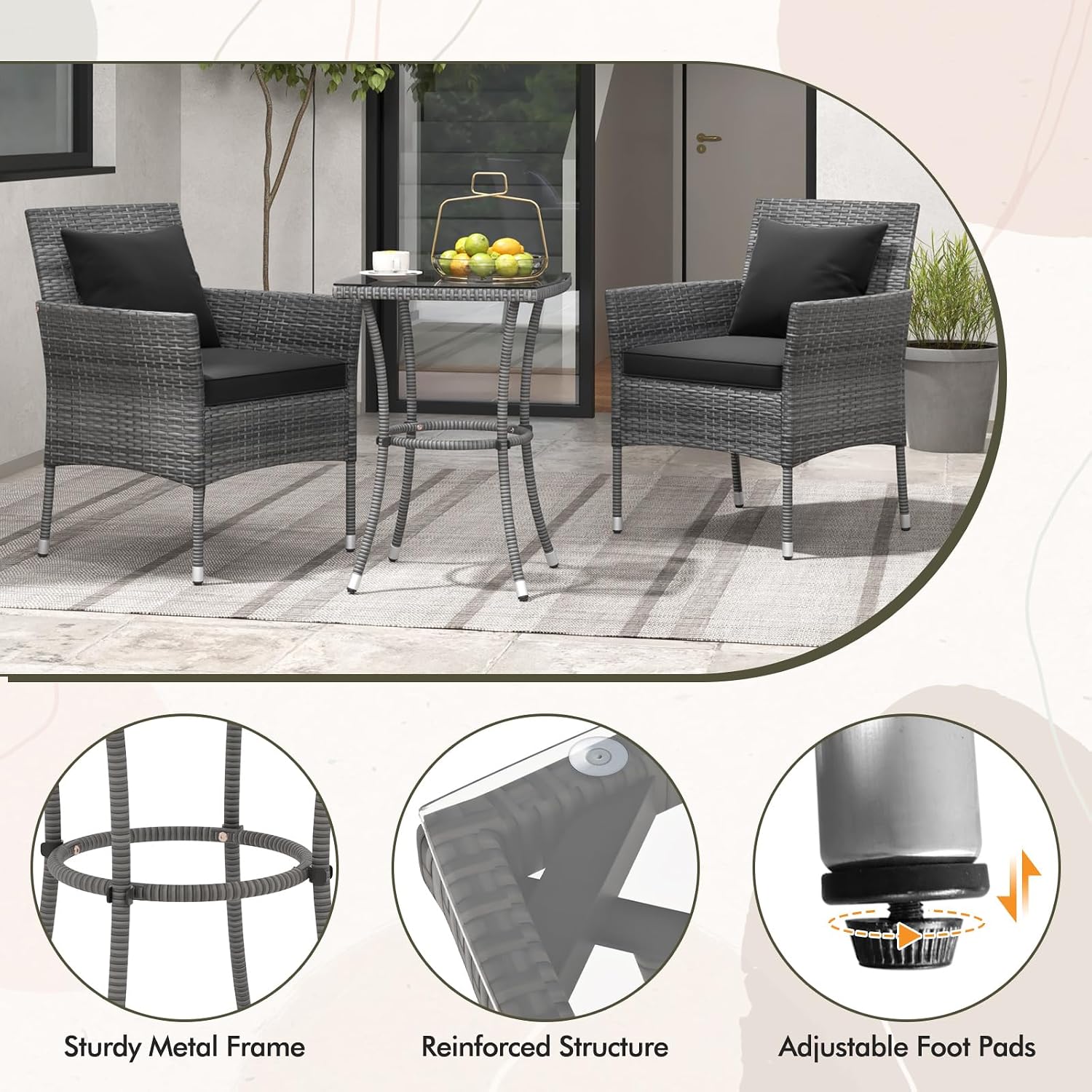 Tangkula 3-Piece Patio Furniture Set, PE Wicker Conversation Bistro Set w/A Tempered Glass Table & 2 Cushioned Chairs, Outdoor Table & Chairs Set for Patio Porch Yard Garden (Black)
