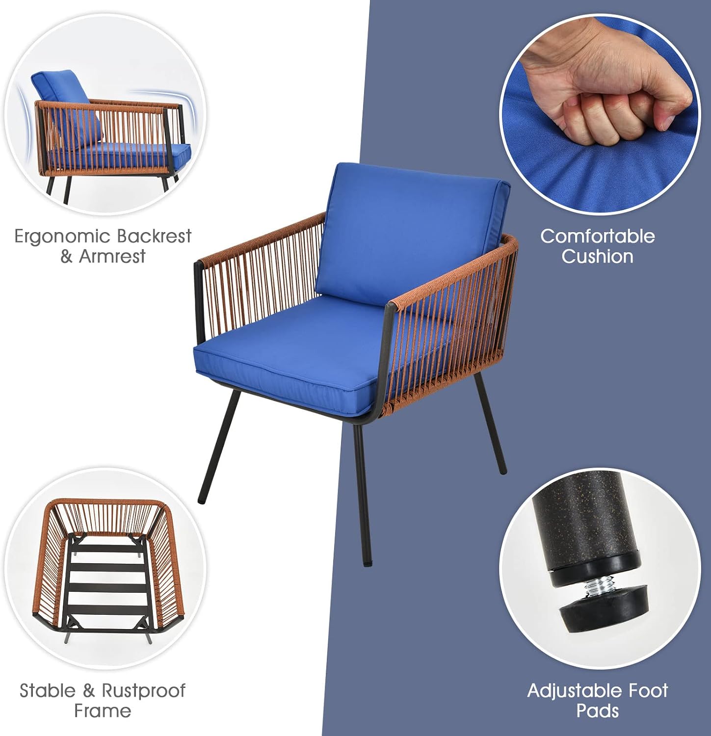 Tangkula 3 Pieces Patio Bistro Set, Outdoor Conversation Chair Set with Coffee Table, Modern Furniture Set with Soft Cushions, Suitable for Porch Backyard Garden Poolside (Navy Blue)