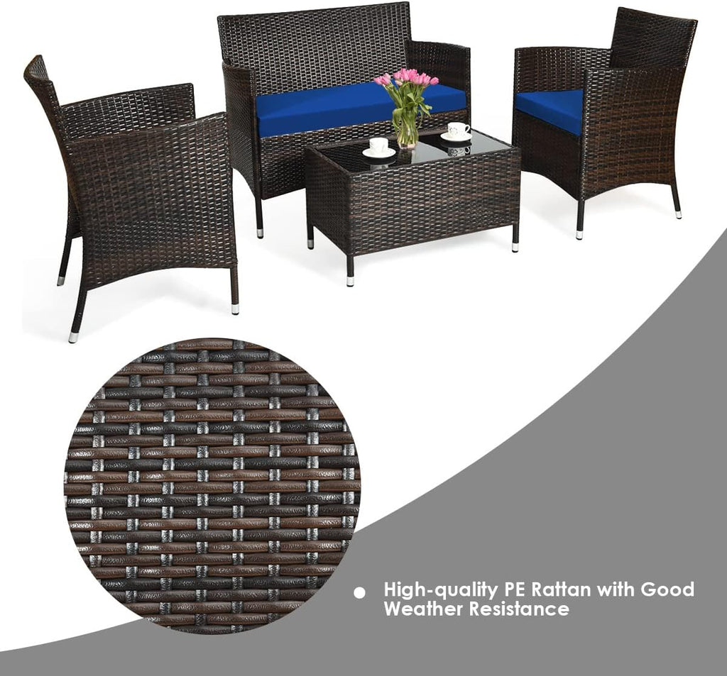 HAPPYGRILL 4 Pieces Patio Sofa Set Rattan Wicker Furniture Patio Conversation Set with Cushioned Sofa and Coffee Table for Outdoor Backyard Garden Poolside