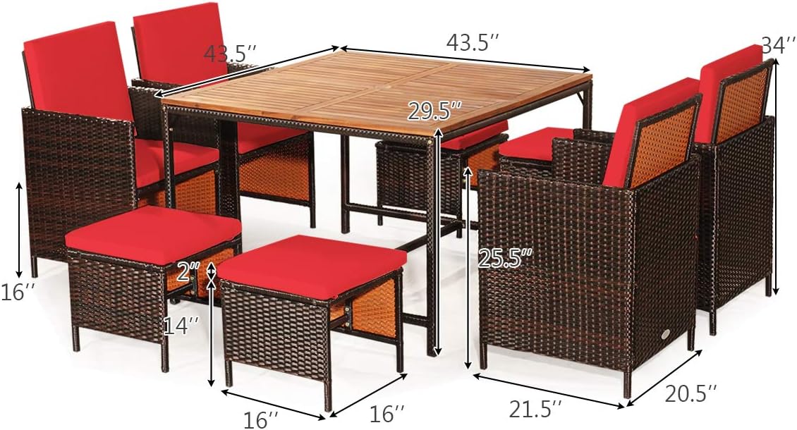 Tangkula 9 Pieces Acacia Wood Patio Dining Set, Space Saving Wicker Chairs and Wood Table with Umbrella Hole Outdoor Furniture Set, Suitable for Garden, Yard, Poolside, Outdoor Seating Set