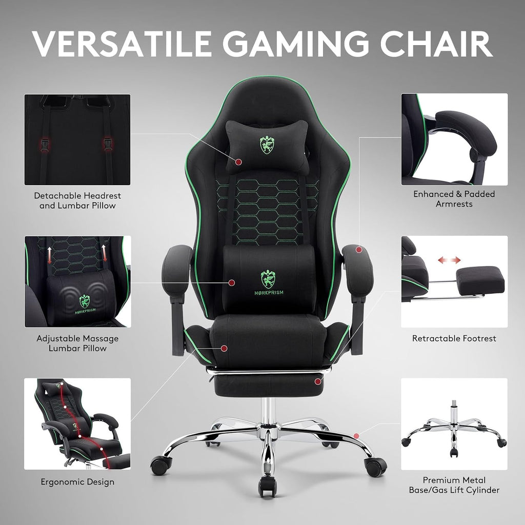 Gaming Chair Breathable Fabric,Computer Office Chair with Footrest,Massage Lumbar Support and Gel Pad,Ergonomic Reclining Adjustable Gamer Chair with Headrest and Spring Cushion Black Green