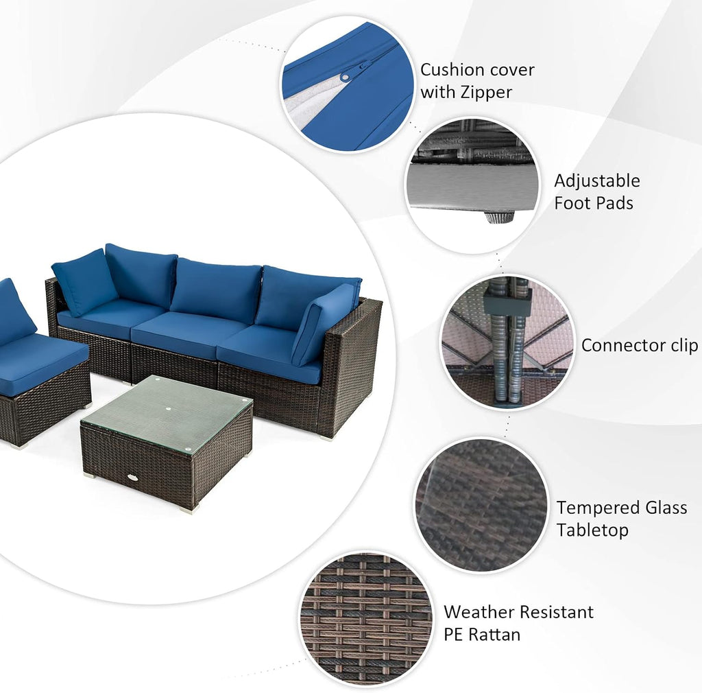 Tangkula 6-Piece Patio Furniture Set with 30' Propane Fire Pit Table, Outdoor PE Wicker Conversation Set with Cushions and Tempered Glass Coffee Table, Gas Fire Pit Table with 50,000 BTU (Navy)