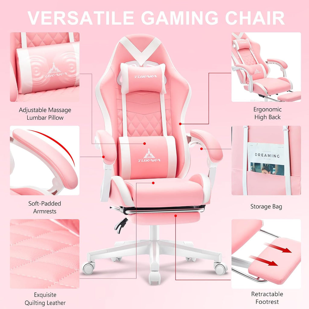 Pink Gaming Chair,Ergonomic Massage Computer Office Desk Chai r with Footrest,Pocket Spring Cushion,Reclining Leather Adjustable Gamer Chair with Headrest and Lumbar Support,Pink