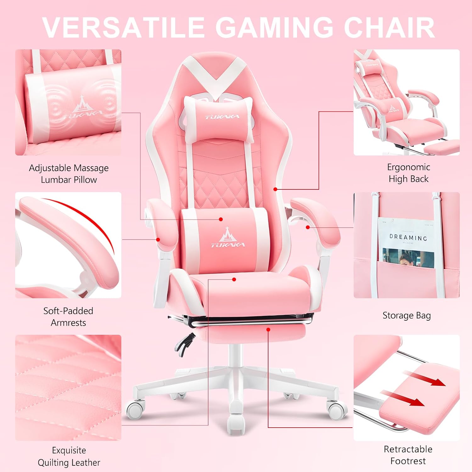 Pink Gaming Chair,Ergonomic Massage Computer Office Desk Chai r with Footrest,Pocket Spring Cushion,Reclining Leather Adjustable Gamer Chair with Headrest and Lumbar Support,Pink
