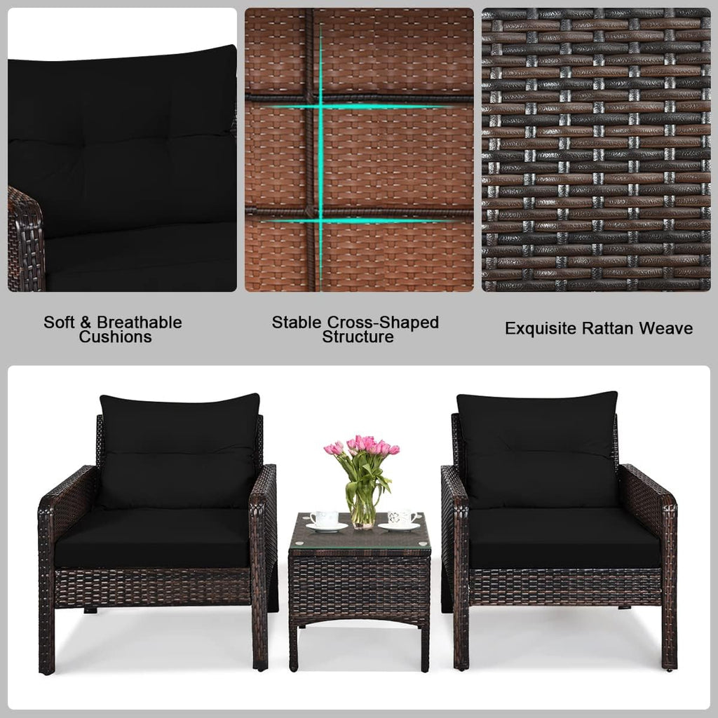 HAPPYGRILL 3 Pieces Patio Conversation Set Outdoor Rattan Wicker Furniture Set with Coffee Table & Chairs Patio Bistro with Seat Cushions for Garden Balcony Backyard Poolside