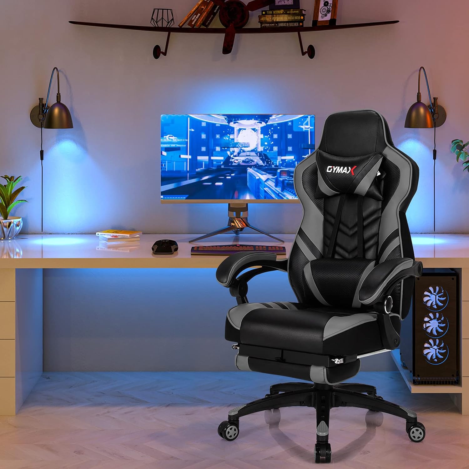 GYMAX Gaming Chair, Ergonomic Computer Chair with Footrest, Linkage Armrests & Lumbar Cushion, Big Wide High Back Video Gaming Chair, Reclining Office Rolling Chair for Adult/Teens (Gray)
