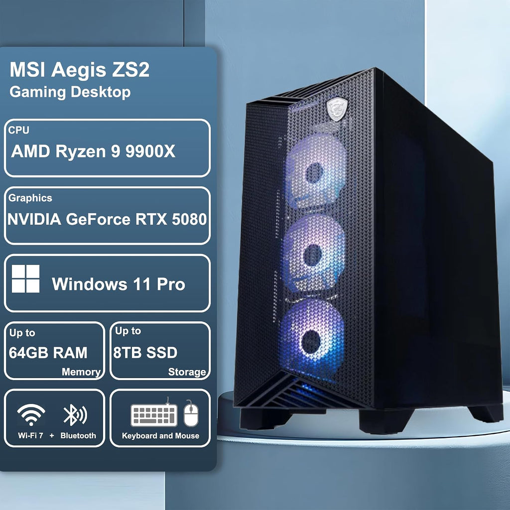 msi Aegis ZS2 Gaming Desktop AMD 12-core Zen 5 Ryzen 9 9900X (Beats i9-14900HX) 32GB DDR5 1TB SSD GeForce RTX 5080 DLSS4 360mm Liquid Cooler 850W 80+ Gold PSU Support HDD Win11Pro ICP Hub