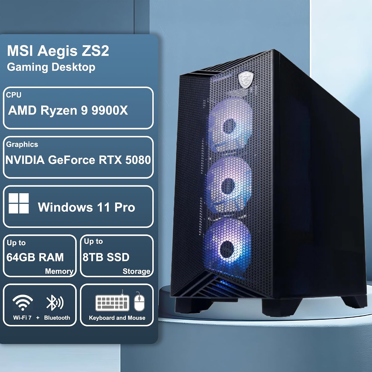 msi Aegis ZS2 Gaming Desktop AMD 12-core Zen 5 Ryzen 9 9900X (Beats i9-14900HX) 32GB DDR5 1TB SSD GeForce RTX 5080 DLSS4 360mm Liquid Cooler 850W 80+ Gold PSU Support HDD Win11Pro ICP Hub