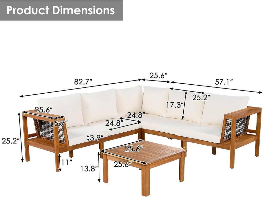 4 Piece Outdoor Patio Furniture Set, L-Shaped Patio Sofa Set with Coffee Table and Woven Mesh Armrests, All-Weather Conversation Seat with Cushions and Side Table (Beige+Brown)