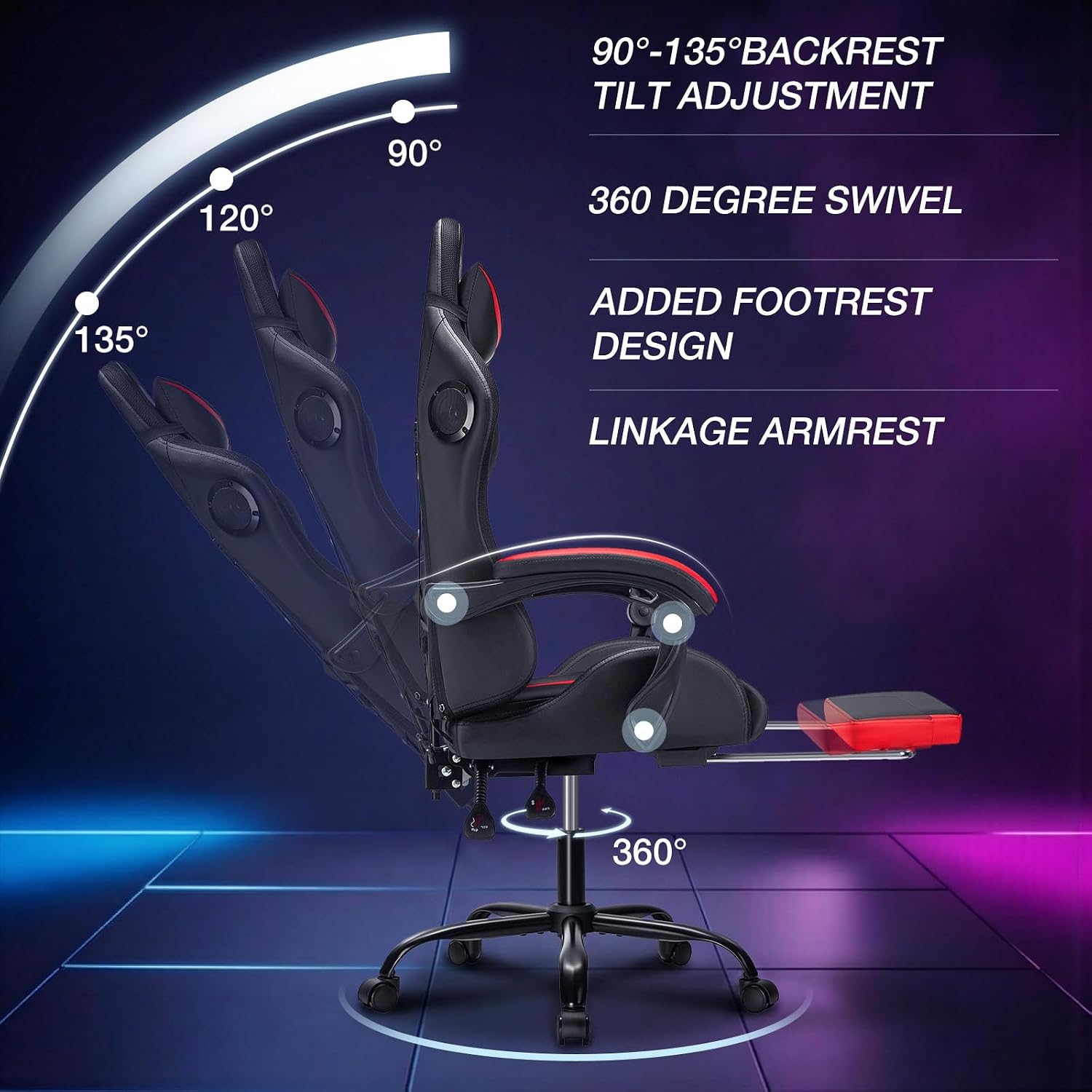 HOFFREE RGB Gaming Chair with Speakers Massage Computer Gaming Chair with LED Lights and Footrest High Back Video Game Chair for Adults Red and Black