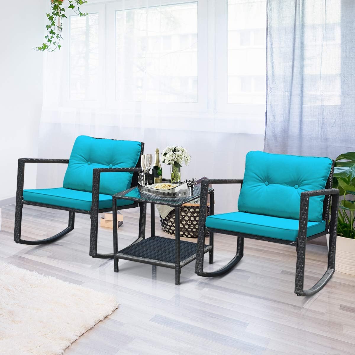 COSTWAY 3 Pieces Patio Rattan Rocking Chair Set, Outdoor Conversation Furniture Sets with Coffee Table, Storage Shelf and Cushions, Modern Bistro Set for Porch, Backyard, Garden, Turquoise