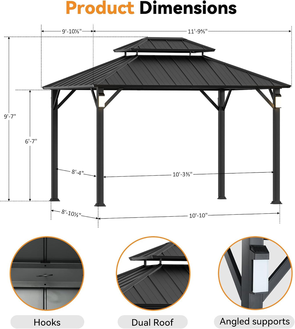 Modern Shade The Horizon Hardtop Gazebo 10' x 12' with 4 LED Lights, Permanent Outdoor Gazebo with Galvanized Steel Double Roof, Grill Pavilion with Decor Hooks, Mosquito Nettings, Black