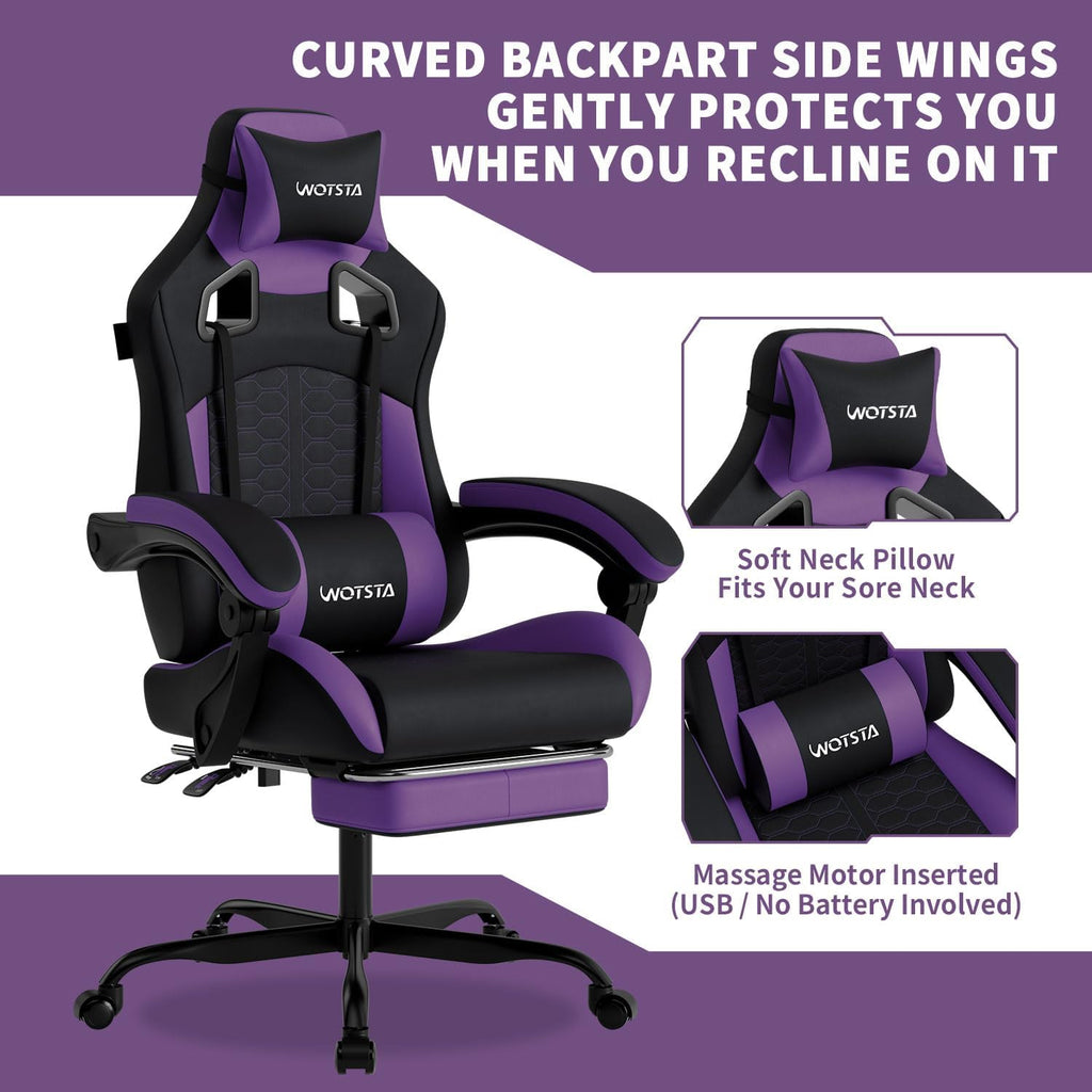 Gaming Chair with Massage,Ergonomic PC Gaming Chair with Footrest Comfortable Headrest and Lumbar Support,High Back Game Chair PVC Leather,300LBS (BlackPurple)