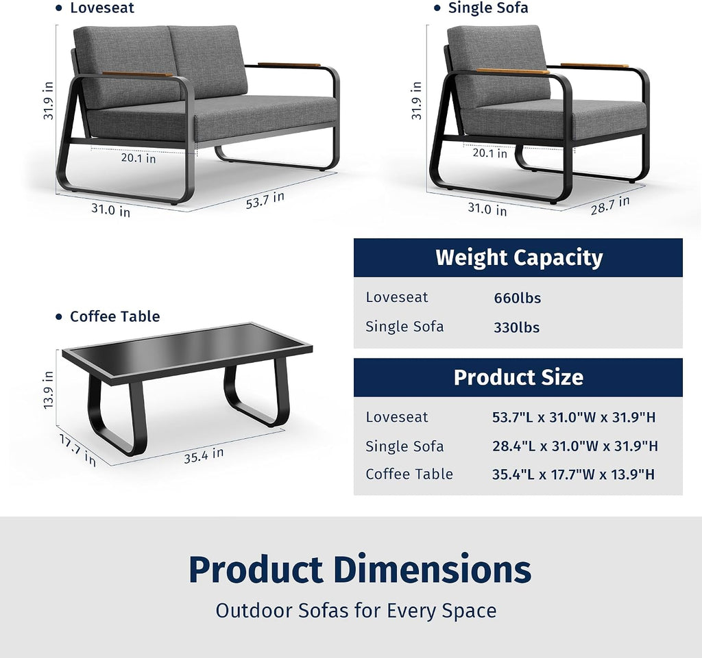 East Oak 4-Piece Patio Furniture Set, Outdoor Patio Set w/Removable & Washable Deep Seating Cushion, Outside Patio Conversation Sets for Backyard, New Upgraded Design, Black & Misty Gray