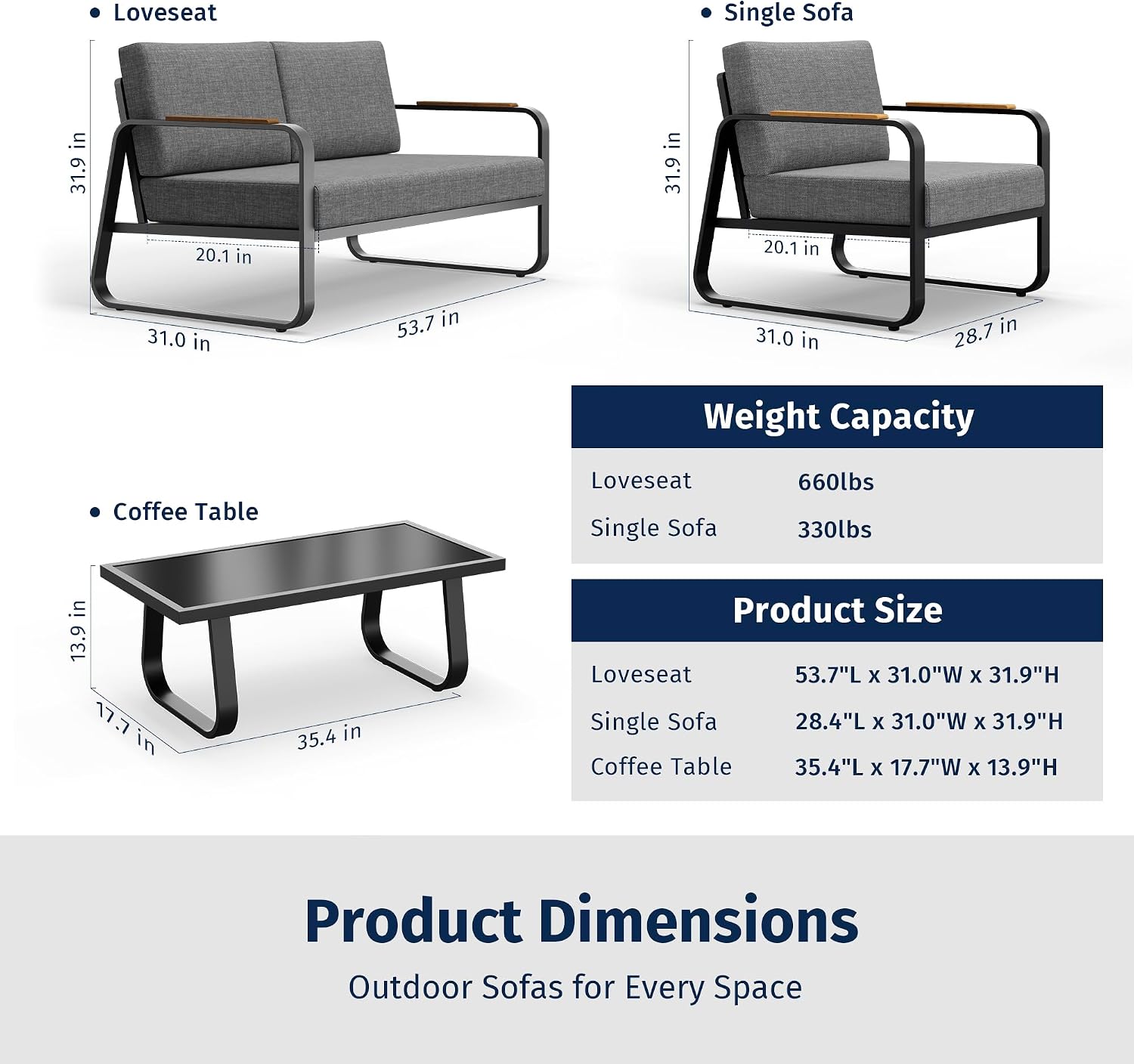 East Oak 4-Piece Patio Furniture Set, Outdoor Patio Set w/Removable & Washable Deep Seating Cushion, Outside Patio Conversation Sets for Backyard, New Upgraded Design, Black & Misty Gray
