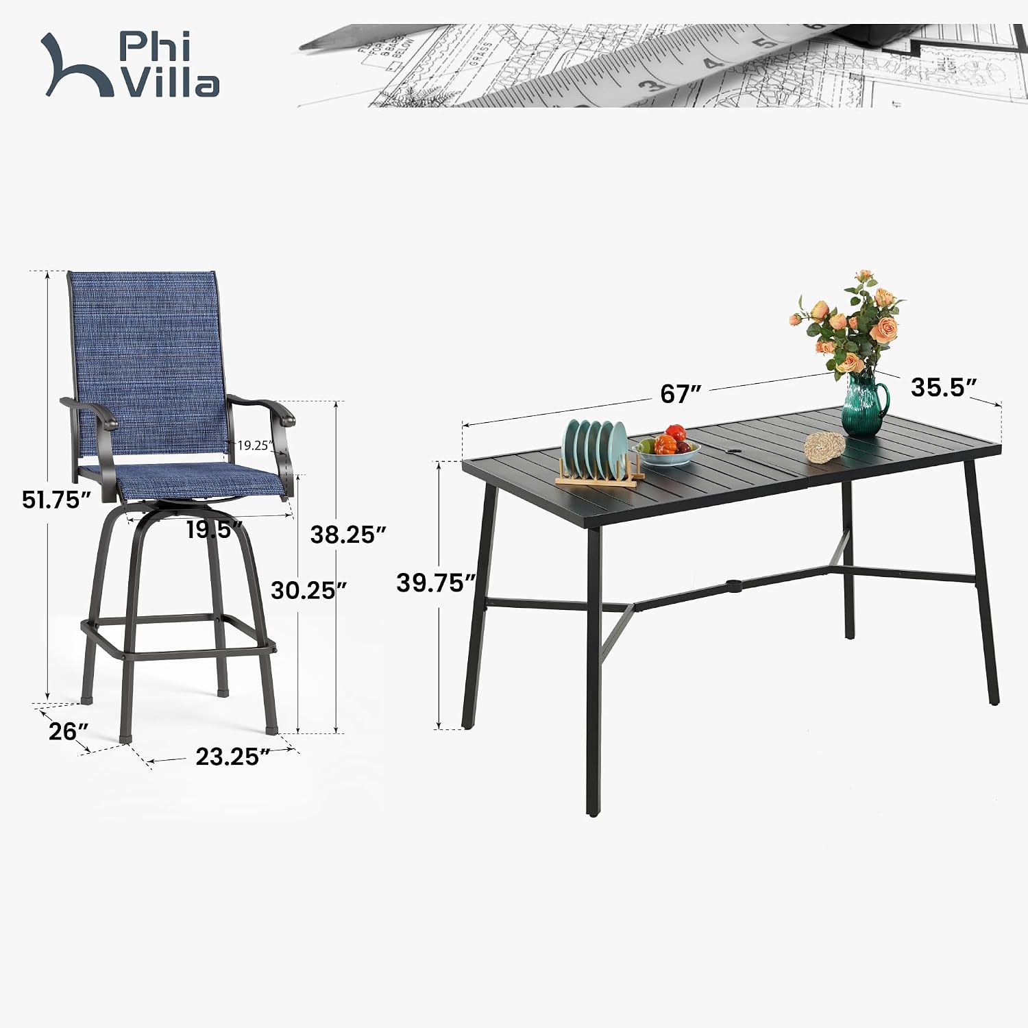PHI VILLA Outdoor Bar Set, 7 Piece Patio Dining Table and Swivel Bar Stools with Metal Table, for Garden, Pool, Yard and Terrace