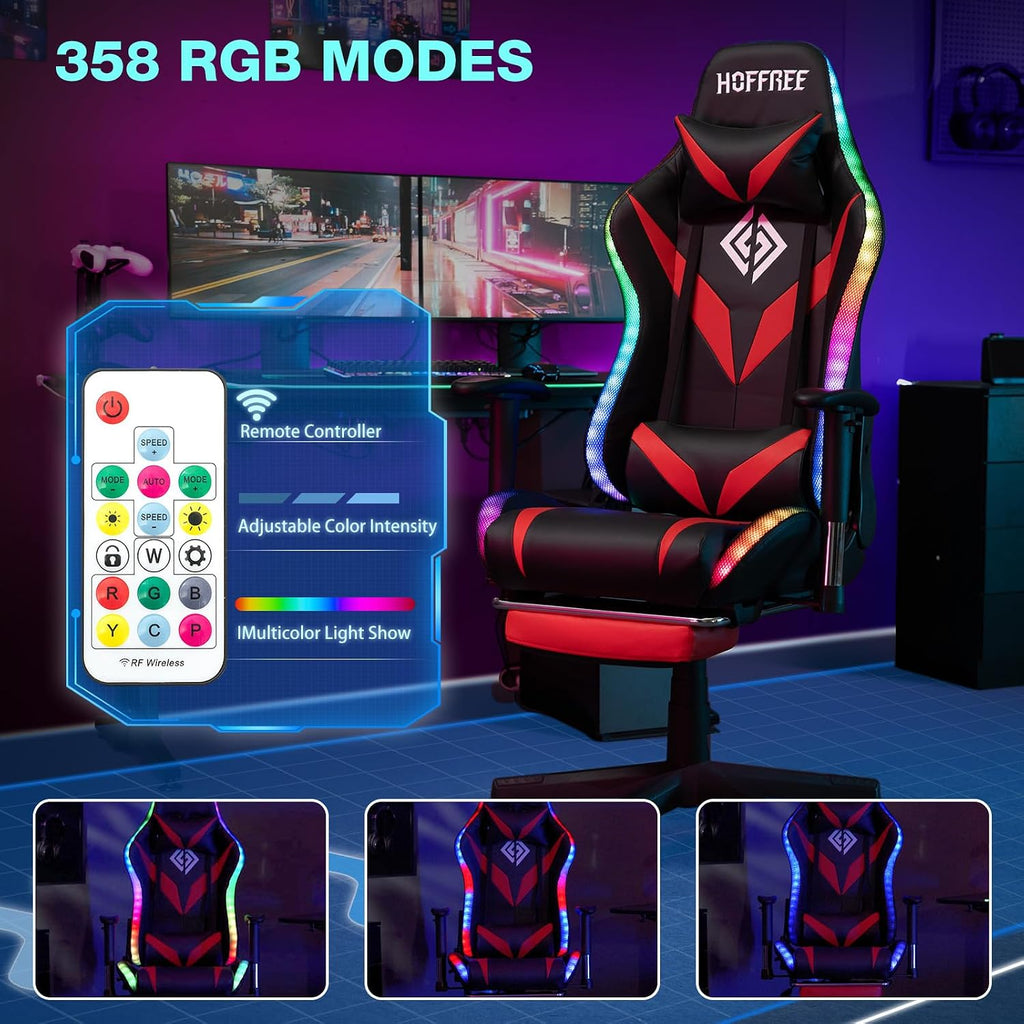 HOFFREE Gaming Chair with Bluetooth Speakers and Led Lights Massage Video Game Chair with Footrest Reclining High Back Computer Gamer Chair Red and Black
