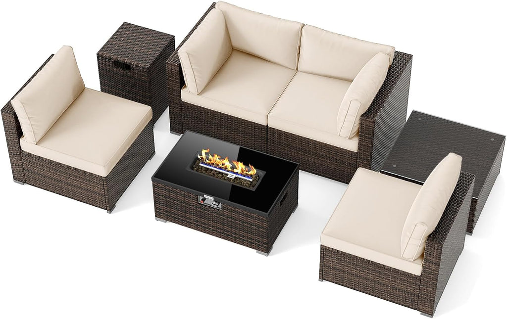 Tangkula 7 Pieces Wicker Patio Furniture Set with 40,000 BTU Gas Fire Pit Table & Propane Tank Cover Table & Glass Top Coffee Table, for Garden, Backyard and Poolside (Off White)