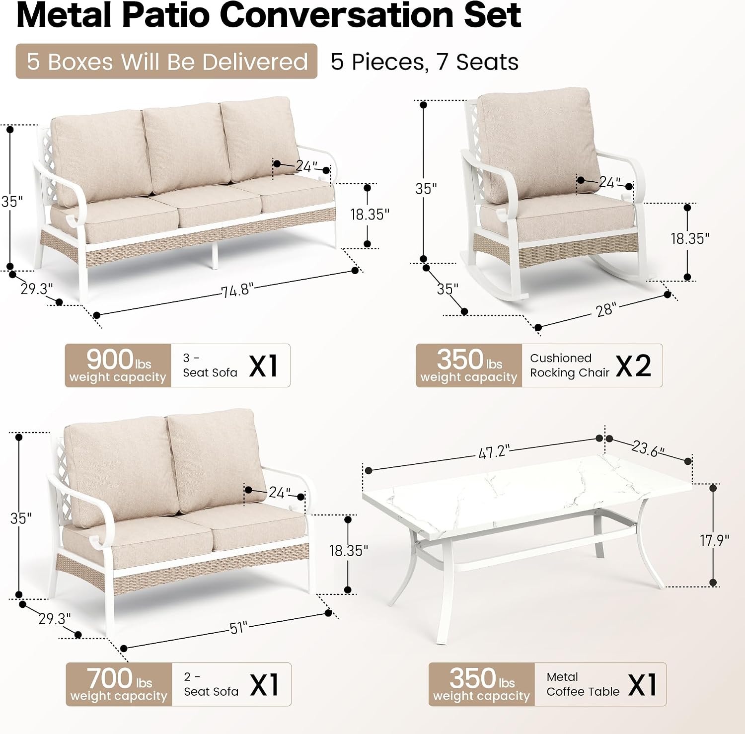 SUNSHINE VALLEY 6 PCS Metal Outdoor Patio Furniture Set, Patio Conversations Sets 3-Seater Sofa, 2-Seater Sofa, 2 Rocking Chair with 5.75' Thick Cushion & Coffee Table White Backyard Furniture, Beige