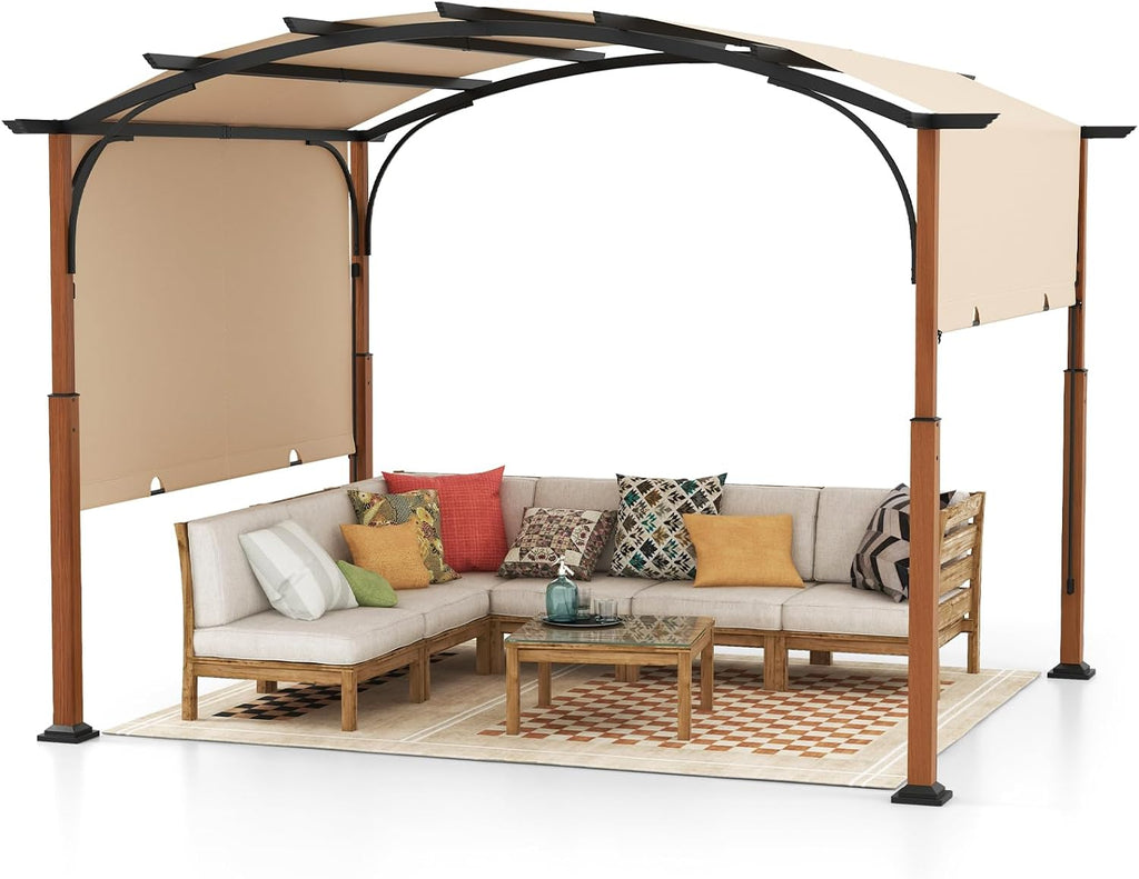 Tangkula Arched Patio Shelter Pavilion with Retractable Sun Shade Canopy, Extra Large Outdoor Pergola for Deck, Porch, Garden, Yard (Beige)