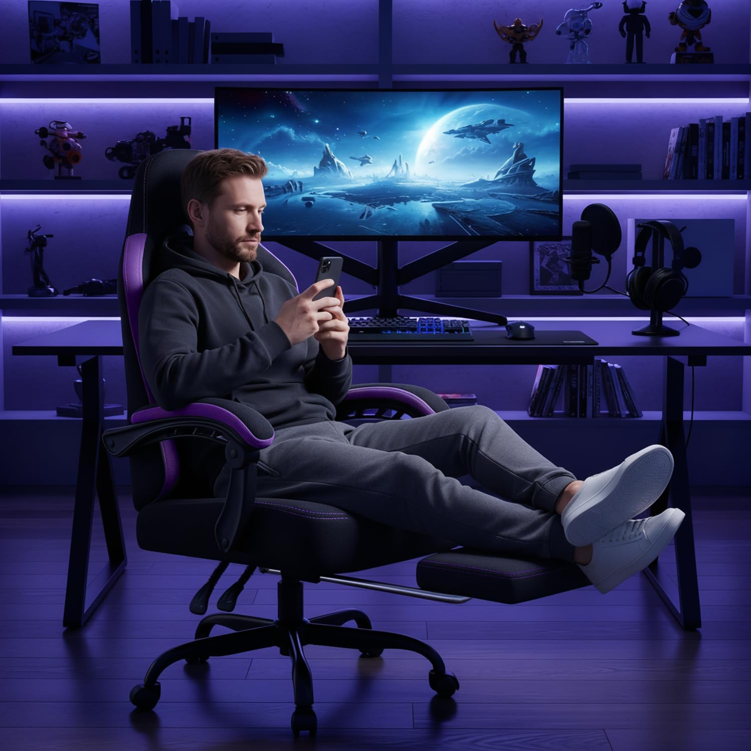 LEMBERI Gaming Chair, Fabric Big and Tall Video Game Chairs with Footrest, Massage Lumbar Support, Racing Style Ergonomic Computer Gamer Chair with Adjustable Headrest (Purple)