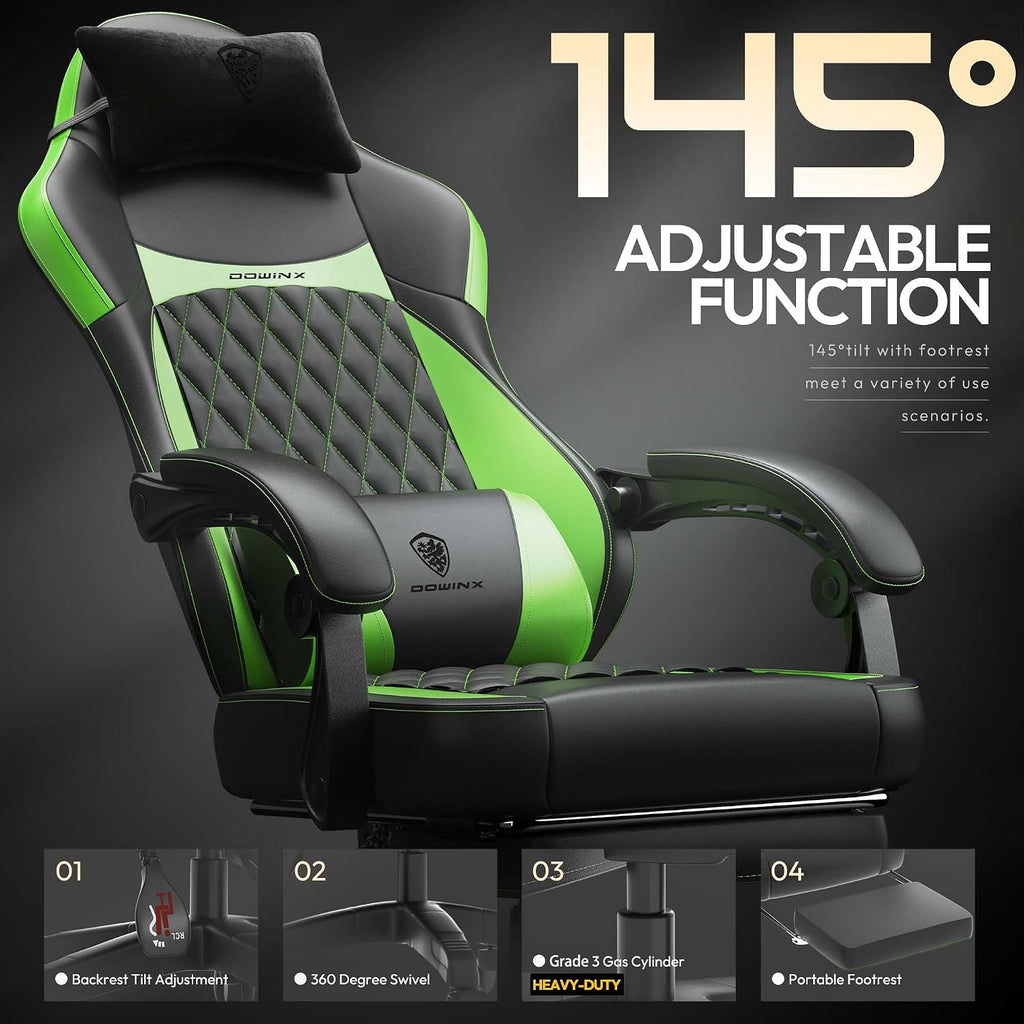 Dowinx Gaming Chair with Pocket Spring Cushion, Ergonomic Computer Chair with Massage Lumbar and Footrest for Adults, High Back Game Chair Leather for Office Gaming 300LBS, Green New