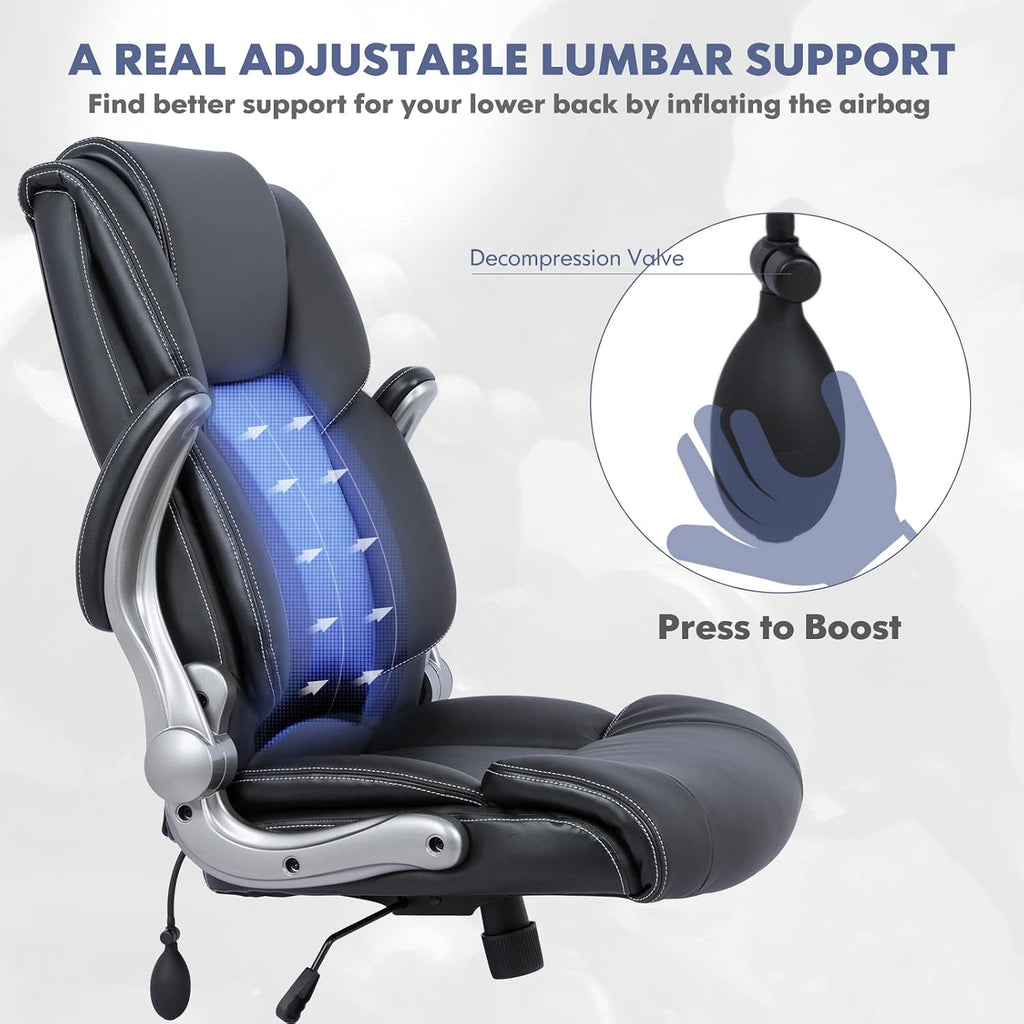 COLAMY High Back Executive Office Chair - Padded Leather Ergonomic Computer Desk Chair with Inflatable Lumbar Support & Flip-Up Arms, Adjustable Tilt Lock Swivel Task Chair for Home Office, Black