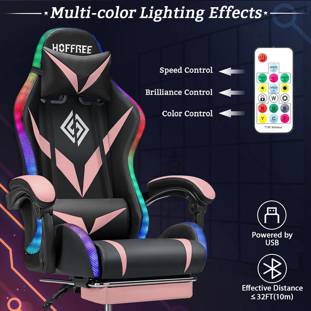 HOFFREE Gaming Chair Massage with Bluetooth Speakers and Led Lights Ergonomic Computer Gaming Chair with Footrest RGB Video Game Chair with High Back Lumbar Support Pink and Black