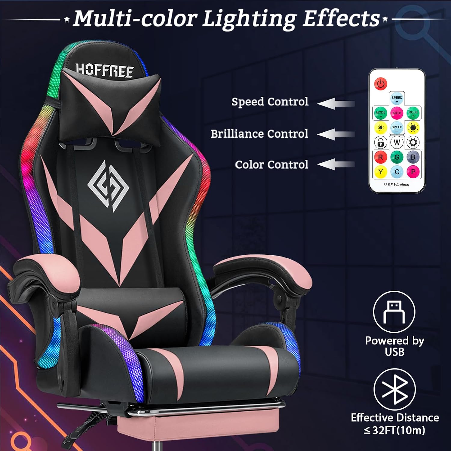 HOFFREE Gaming Chair Massage with Bluetooth Speakers and Led Lights Ergonomic Computer Gaming Chair with Footrest RGB Video Game Chair with High Back Lumbar Support Pink and Black
