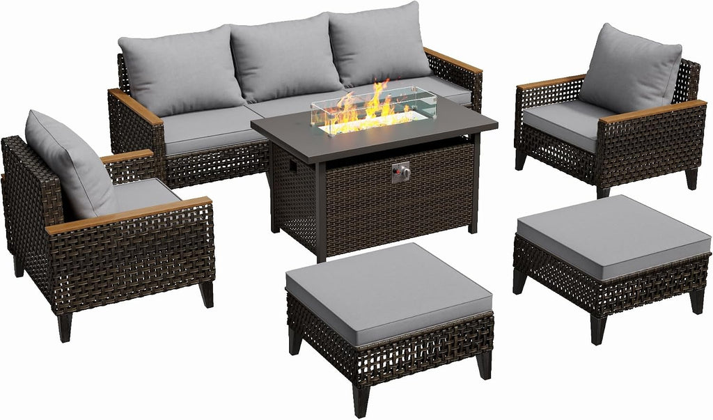 8Piece Patio Furniture Set with 50000 BTU Propane Fire Pit Table, All-Weather Wicker Rattan Outdoor Sectional Sofa Set with High Back and Thick Cushions for Garden, Porch, Poolside, Grey