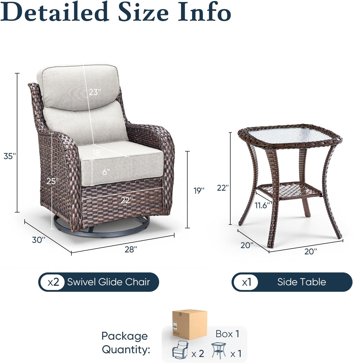 Belord Luxury 6' Thick Cushioned Outdoor Swivel Rocker Patio Chairs with Side Table, High Back Wicker Furniture Set with Ergonomic Zone Back, Conversation Glider Set for Deck Porch - Brown+Beige