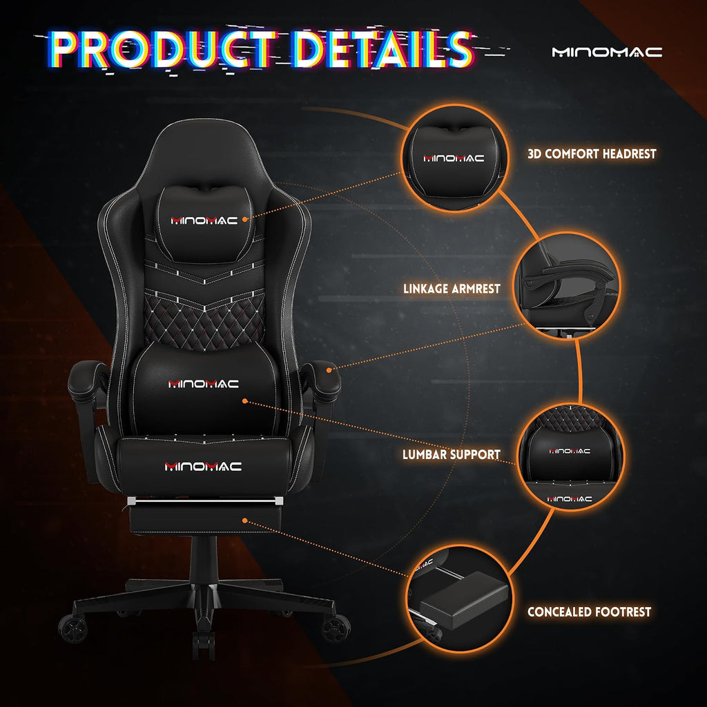 Gaming Chair,Ergonomic Computer Gaming Chair,400lb Load-Bearing,Retractable Footrest/Waist Support/Ergonomic Backrest[Spring + 4D Sponge] (Black)