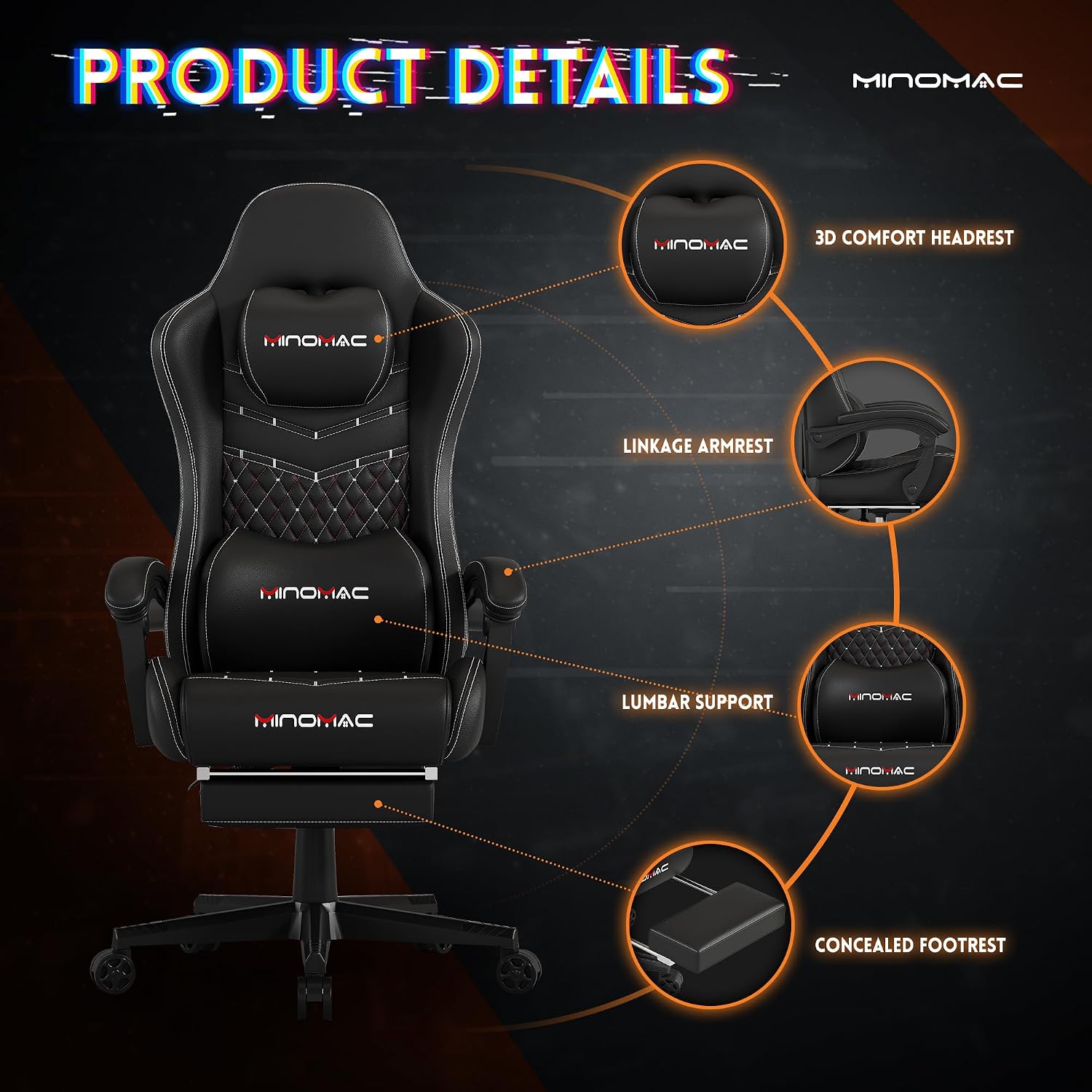 Gaming Chair,Ergonomic Computer Gaming Chair,400lb Load-Bearing,Retractable Footrest/Waist Support/Ergonomic Backrest[Spring + 4D Sponge] (Black)
