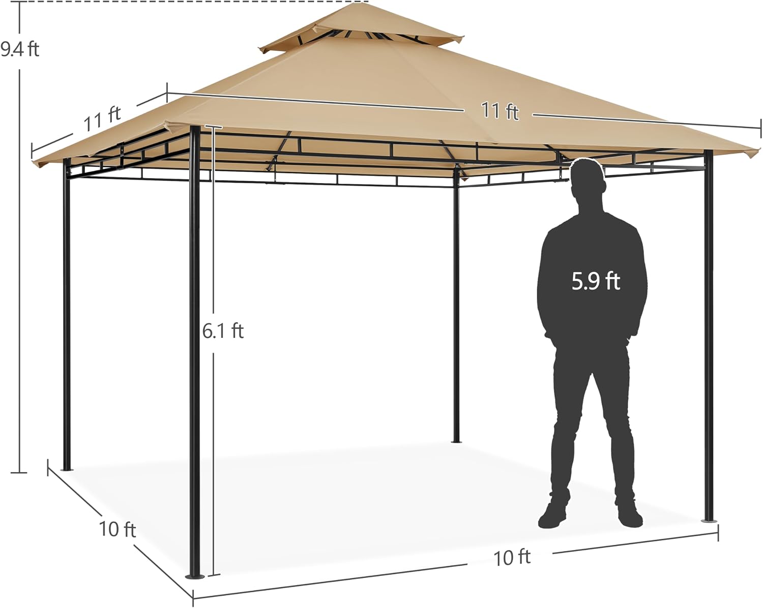 Yaheetech Gazebo for Patios - 11x11ft Outdoor Powder-Coated Steel Frame Gazebo, Double Roofs Grill Shelters BBQ Pavilion for Lawn/Backyard/Garden/Deck, Khaki