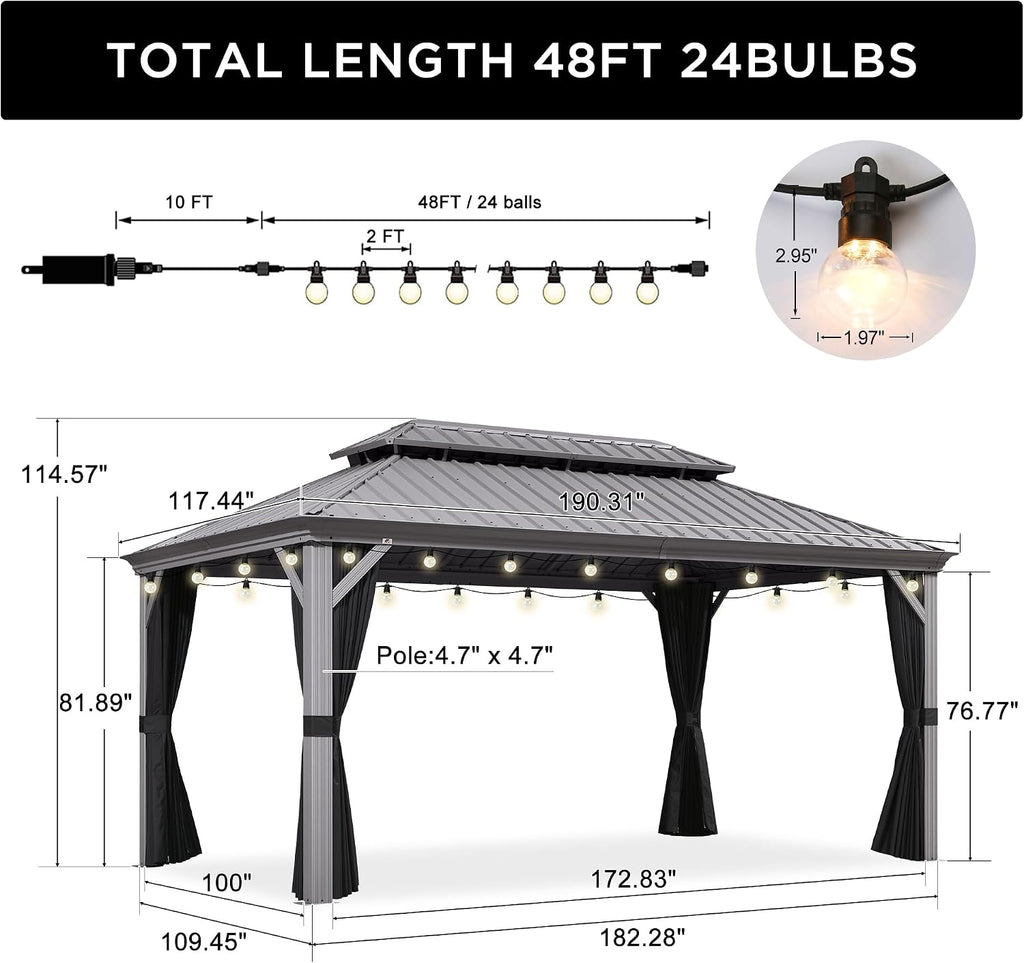 PURPLE LEAF 10' x 16' Hardtop Aluminum Gazebo with Netting and Curtains Heavy Duty Permanent Gazebo with Double Metal Roof for Patio Deck Lawn Garden All Weather Outdoor Pavilion Gazebos, Light Grey