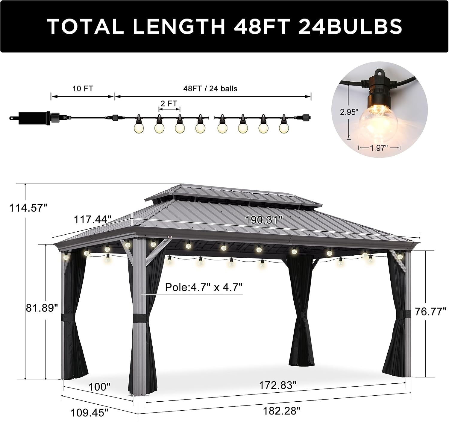 PURPLE LEAF 10' x 16' Hardtop Aluminum Gazebo with Netting and Curtains Heavy Duty Permanent Gazebo with Double Metal Roof for Patio Deck Lawn Garden All Weather Outdoor Pavilion Gazebos, Light Grey