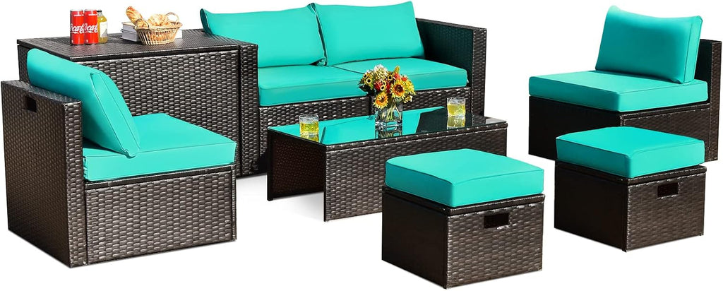 Tangkula 8 Piece Patio Furniture Set, Patiojoy Outdoor Space Saving PE Rattan Sectional Sofa Set for 6 with Waterproof Cover, for Garden, Deck, Poolside and Balcony (Turquoise)