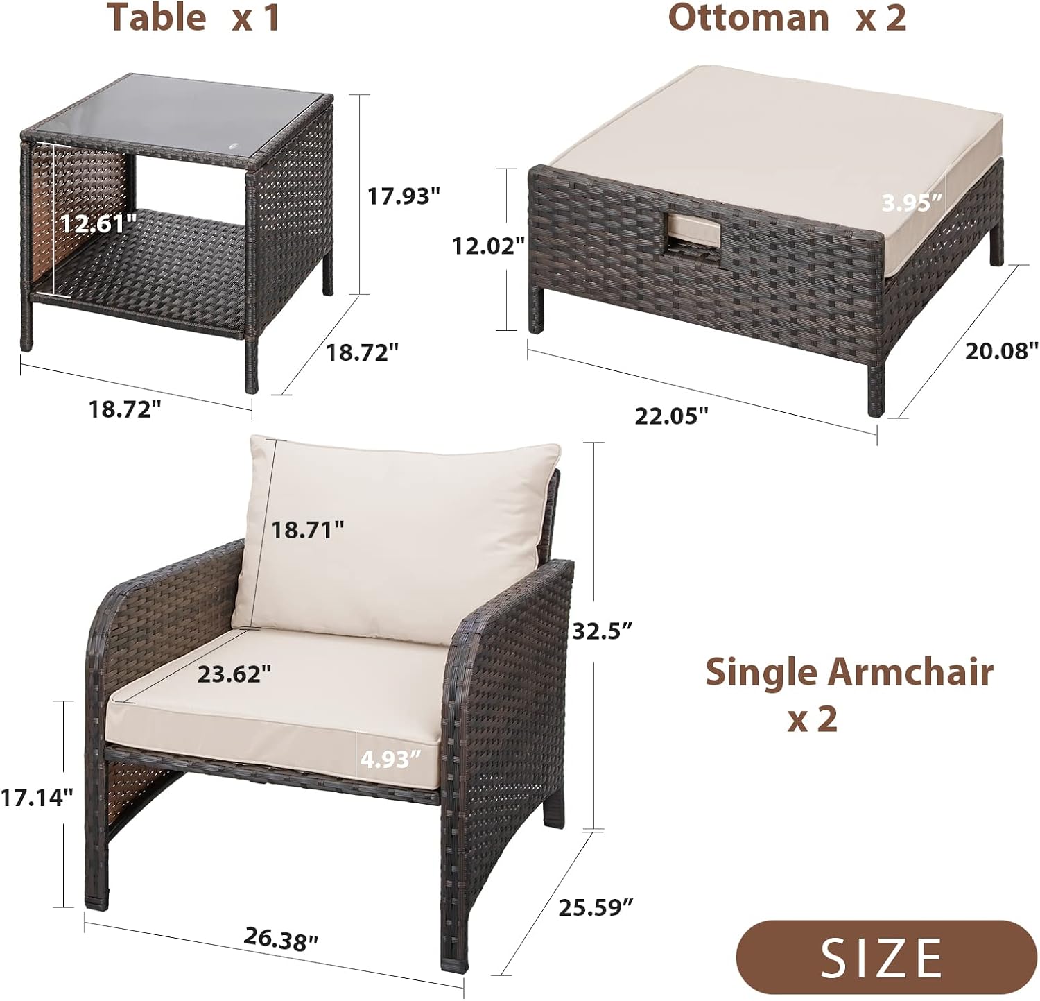 LEVELEVE Balcony Furniture 5 Piece Patio Conversation Set, PE Wicker Rattan Outdoor Lounge Chairs with Soft Cushions 2 Ottoman&Glass Table for Porch, Lawn-Brown Wicker
