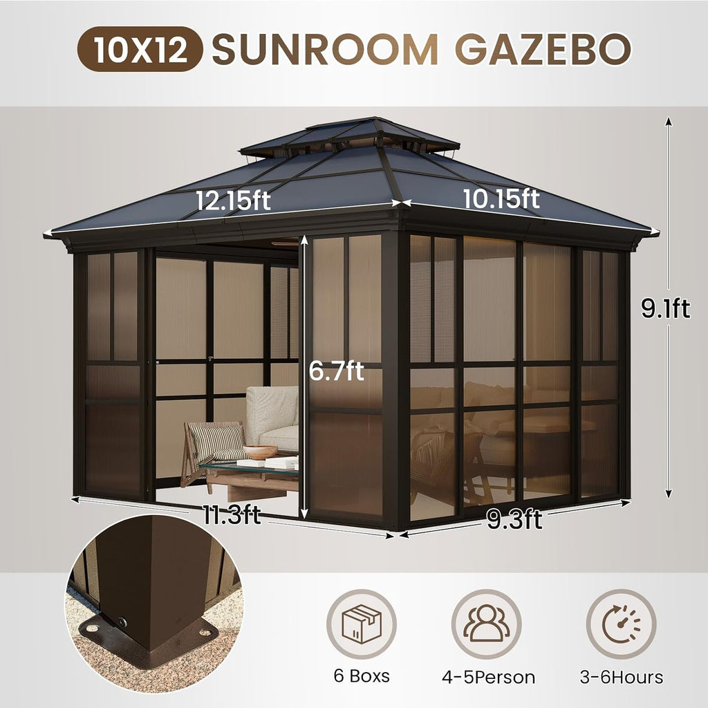 YOLENY 10x12 Sunroom Gazebo, Enclosed Outdoor Solarium with Tinted Polycarbonate Roof, 4 Lockable Sliding Doors & Aluminum Frame, Permanent Hardtop Patio Gazebo for Backyard