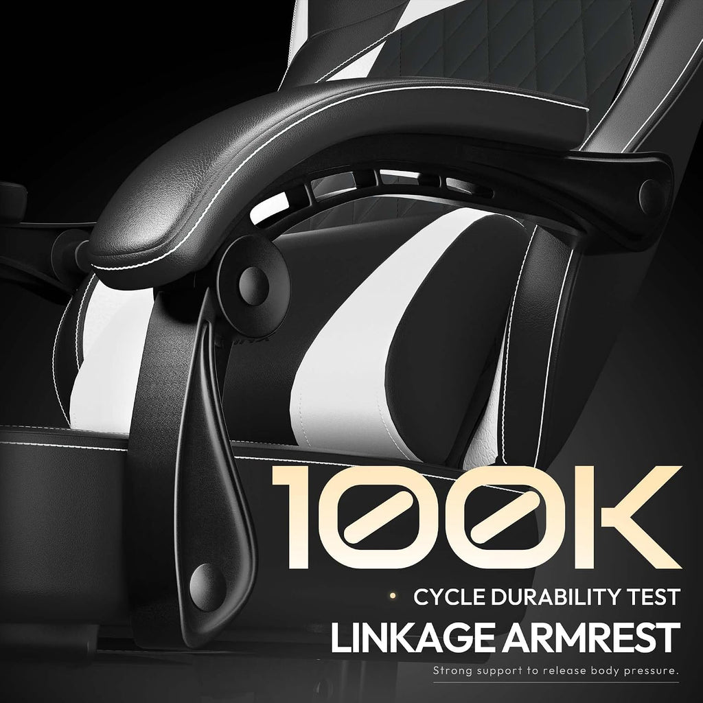 Dowinx Gaming Chair with Pocket Spring Cushion, Ergonomic Computer Chair with Massage Lumbar and Footrest for Adults, High Back Game Chair Leather for Office Gaming 300LBS, New White