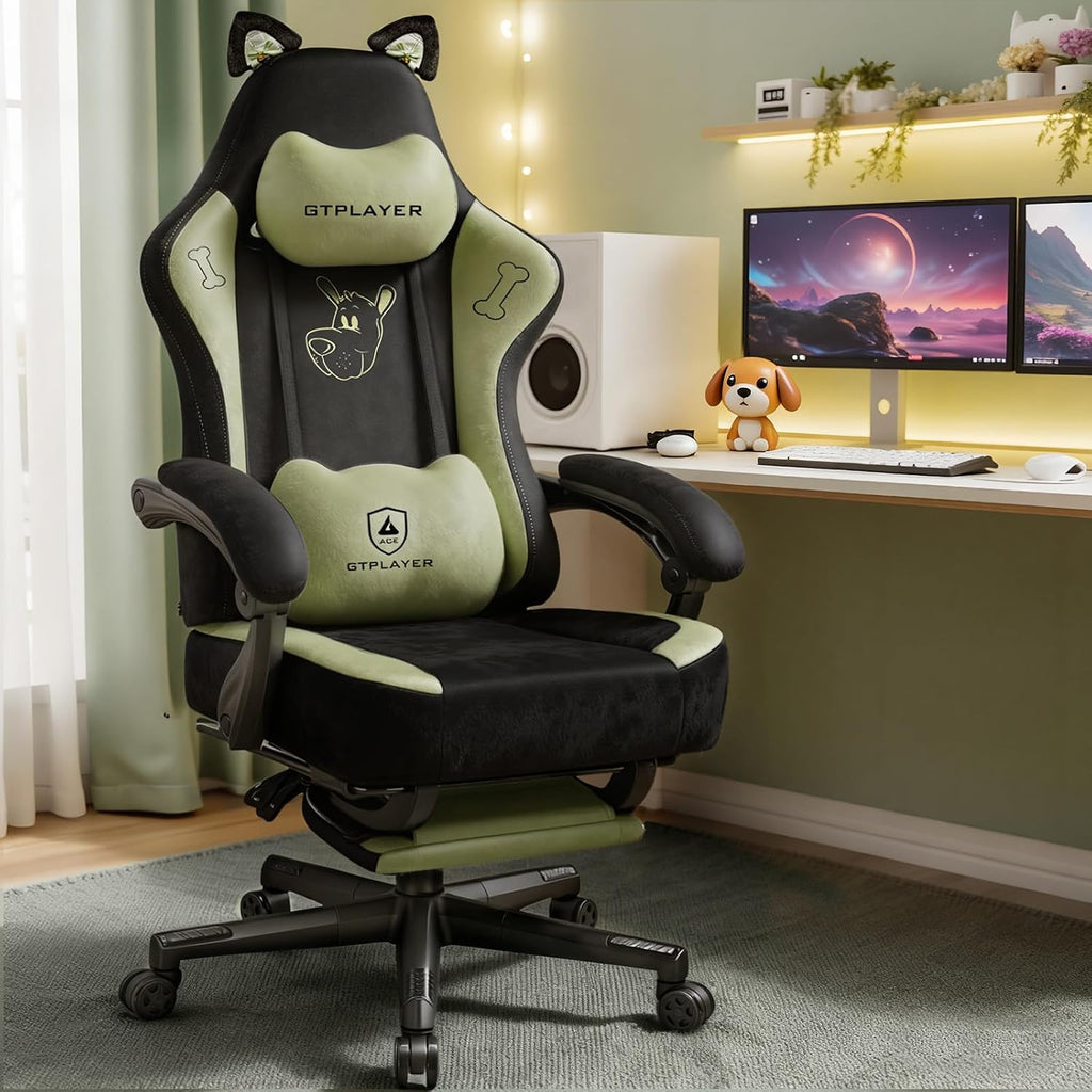 Gaming Chair Cute with Cat Ears Ergonomic Computer Chair with Dog Embroidery Adjustable Memory Foam Lumbar Support and Headrest Comfortable Reclining Office Chair for Girls, Teens, Women