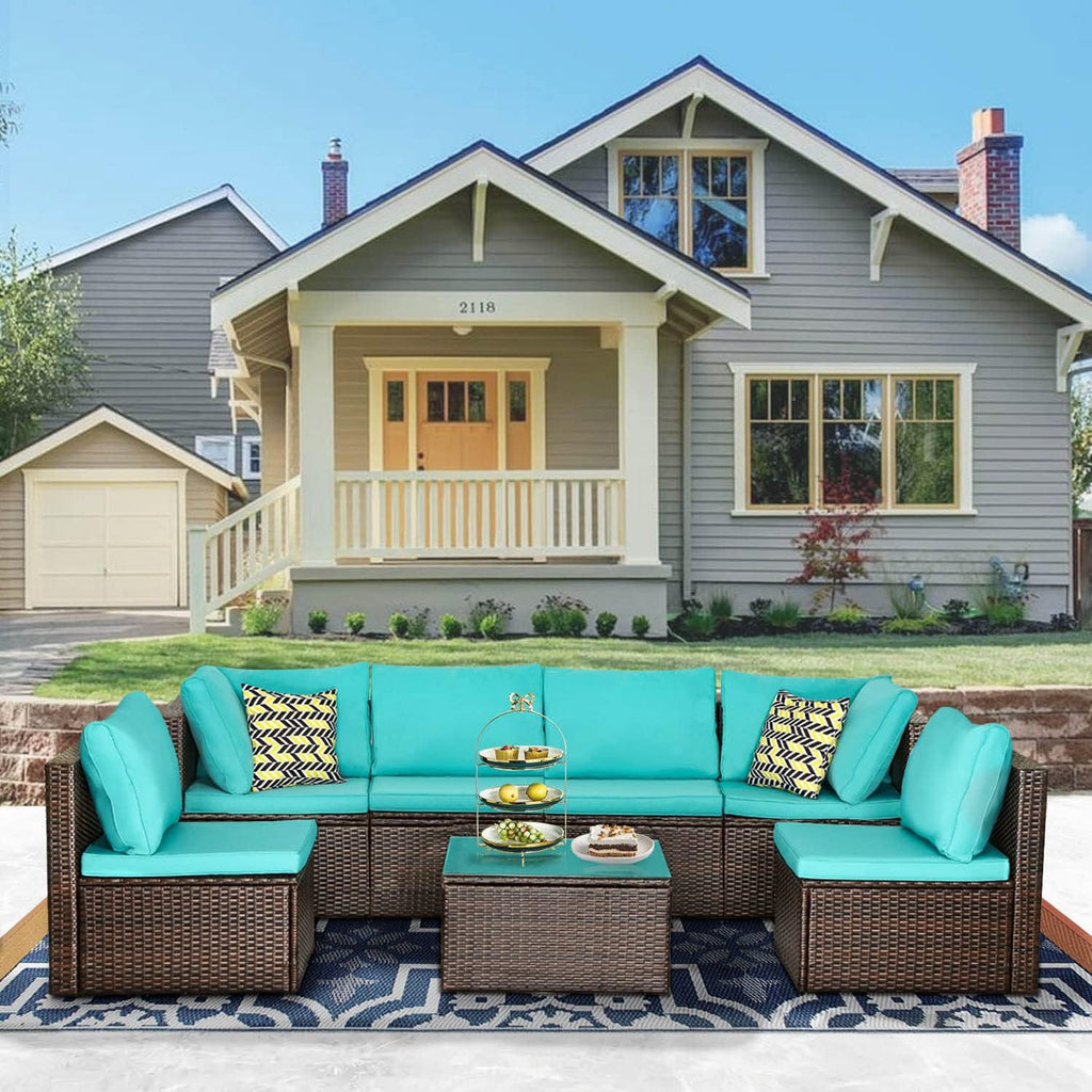 PayLessHere Patio Furniture Set 7 Pieces Outdoor Furniture Wicker Conversation Set Sectional Sofa and Coffee Table Wicker Patio Conversation Sets for Backyard Porch Balcony Poolside,Blue Cushion