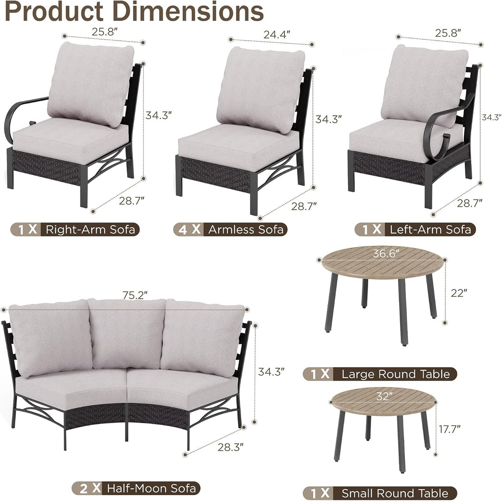 PHI VILLA Large Patio Furniture Set 12 Piece, Half-Moon Outdoor Couch Set for 10 Persons with 2 Patio Coffee Table for Garden, Poolside, Balcony, Backyard