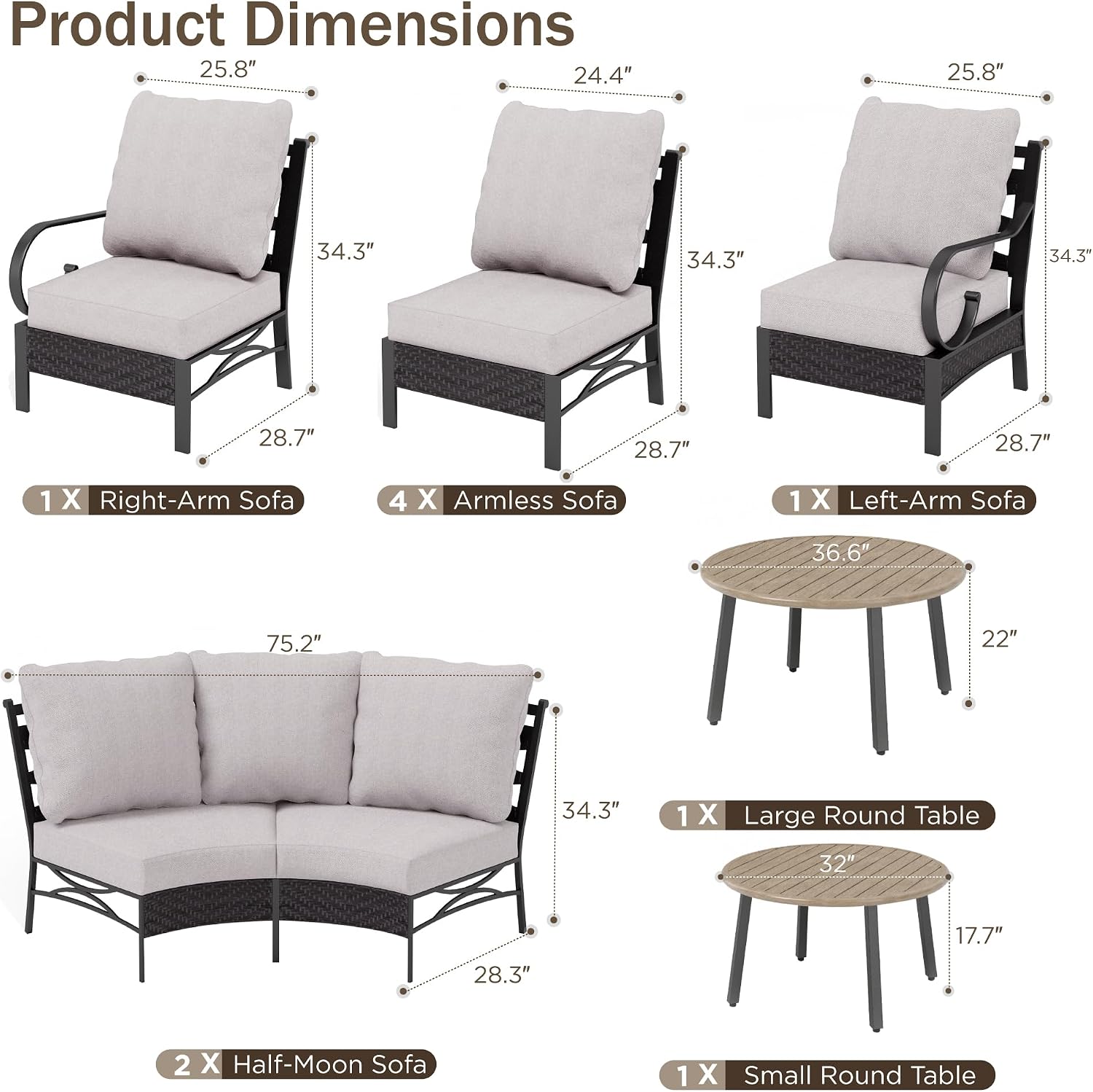 PHI VILLA Large Patio Furniture Set 12 Piece, Half-Moon Outdoor Couch Set for 10 Persons with 2 Patio Coffee Table for Garden, Poolside, Balcony, Backyard