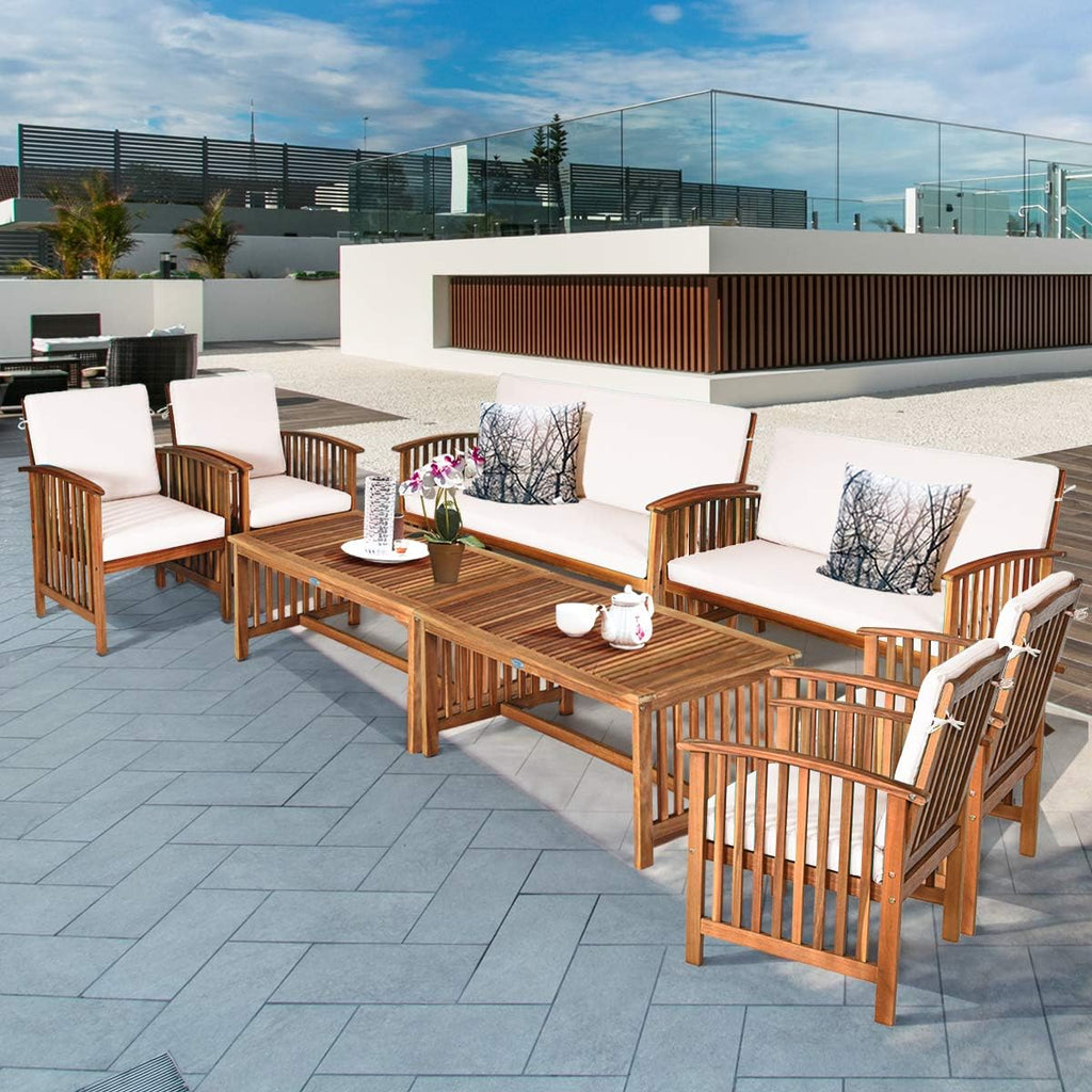 Tangkula Outdoor 8 Pcs Acacia Wood Sofa Set w/Water Resistant Cushions, Padded Patio Seating Chat Set w/Coffee Table for Garden, Backyard, Poolside (2, White)