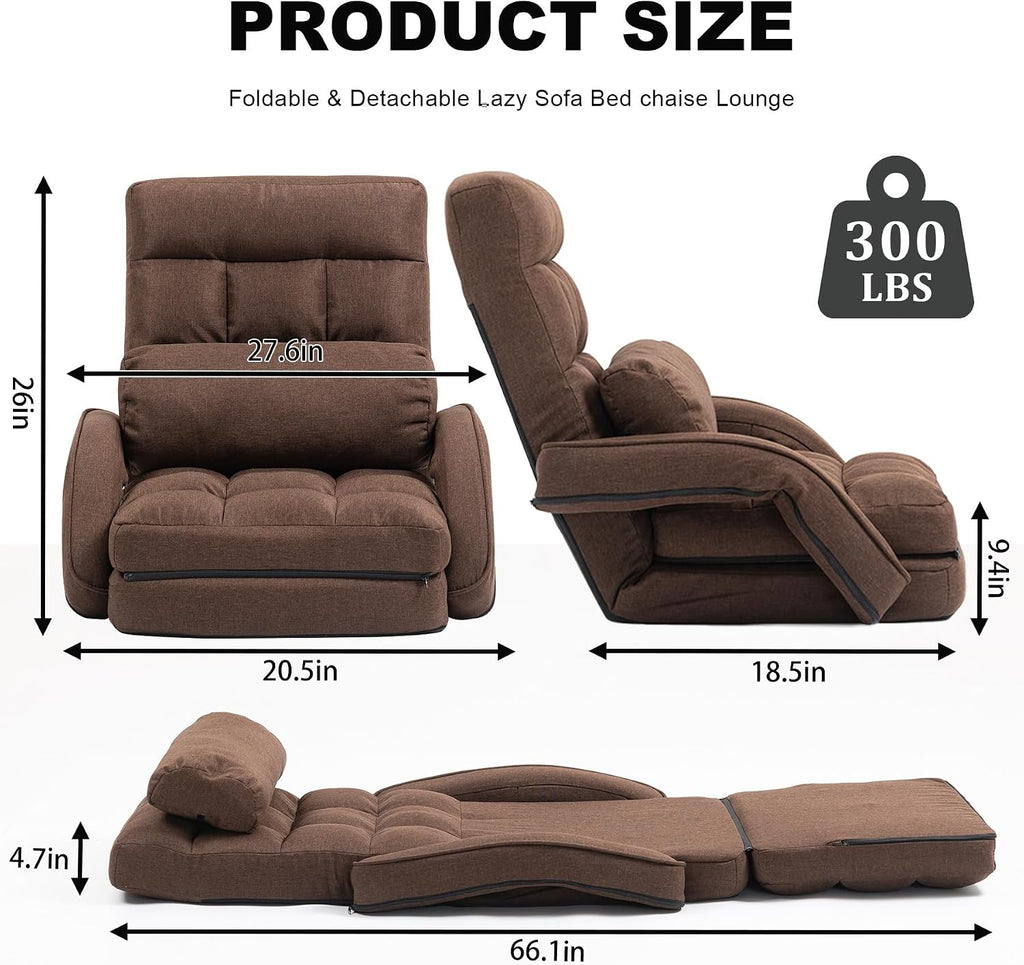 Indoor Floor Chair with Armrest and Pillow Folding Chaise Lounge Sofa 14-Position Adjustable Comfy Gaming Recliner Chair Padded Seats for Adults (Brown)