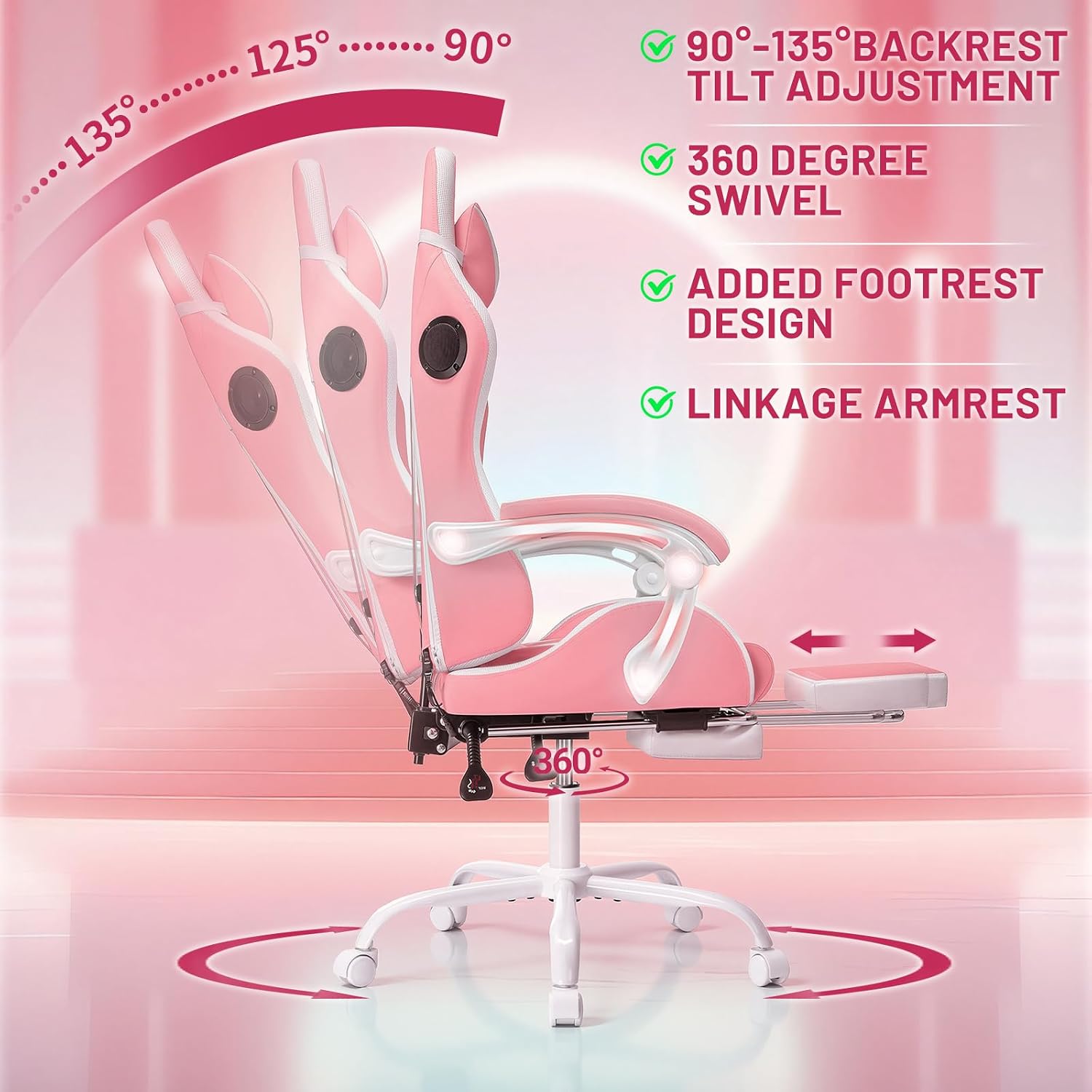 HOFFREE Pink Gaming Chair Massage with Bluetooth Speakers and Led Lights Ergonomic Computer Gaming Chair with Footrest RGB Video Game Chair with High Back Lumbar Support Pink and White