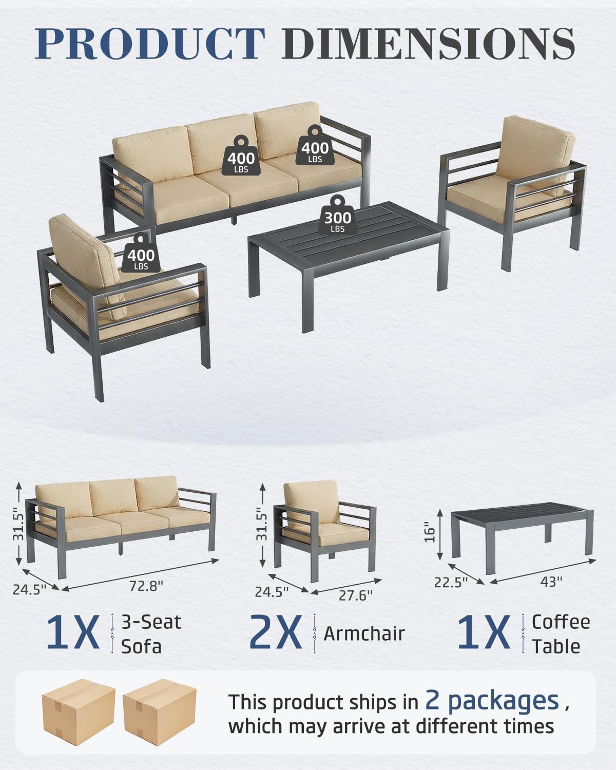 AECOJOY Aluminum Patio Furniture Set, 5 Seats Modern Outdoor Furniture with Coffee Table, 4 Pieces Metal Conversation Sectional Sofa, Beige