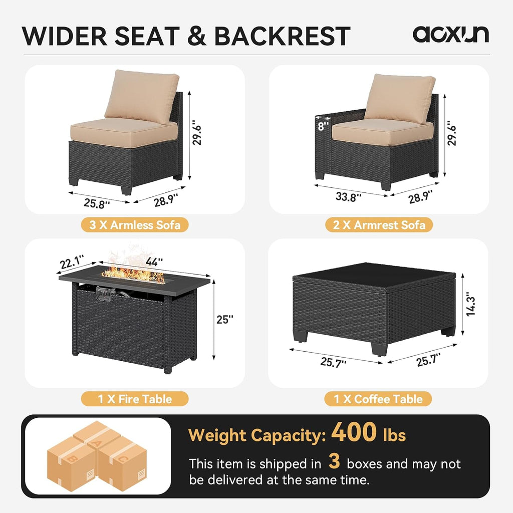 Aoxun Patio Furniture Set with 44'' Fire Pit Table, 7 Pcs Outdoor Patio Furniture Sets with 4in Thicken Cushion and Coffee Table, Widen Armrests Wicker Outdoor Sectional for Backyard & Garden, Beige